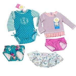 Set of 2 NWT Ruffle Butts Swimwear Baby 6-12 Months Purple Blue UPF 50+ Bathing
